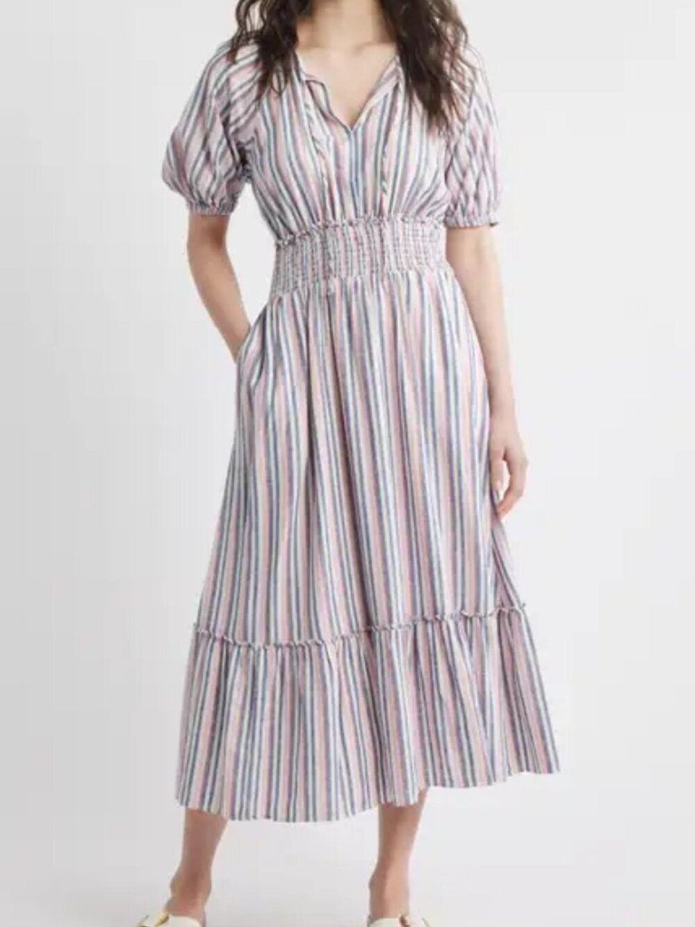 Caslon Linen Blend Blue Pink White Stripe XL Side Pockets Maxi Sundress NWT